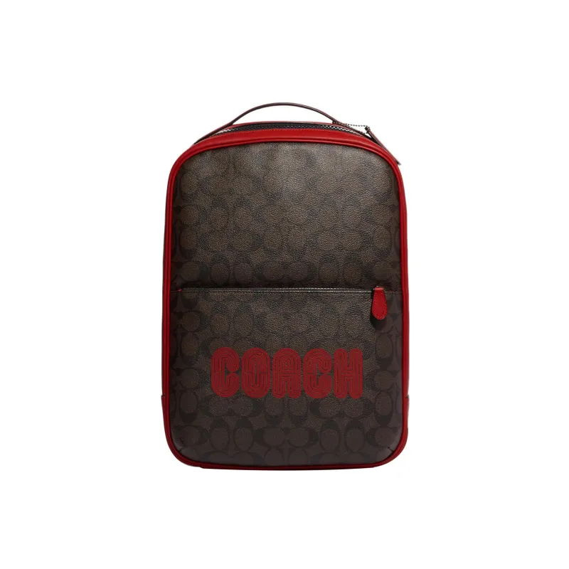 COACH Westway Coated Canvas With Smooth Calfskin Backpack Large Size Unisex Mahogany Color With Red-0