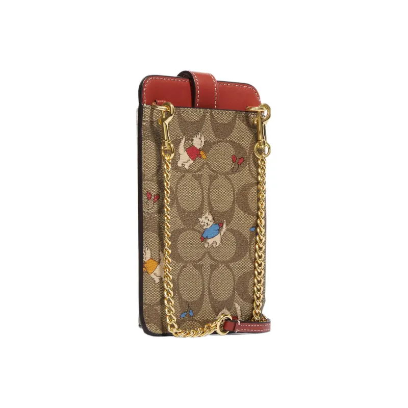 COACH Coated Canvas With Smooth Leather Cell Phone Pouch, Shoulder Bag, Crossbody Bag Mini Women's Khaki-1