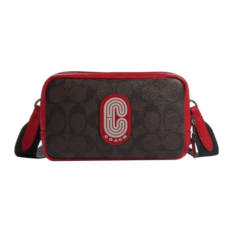 COACH Carrier Canvas With Calfskin Cell Phone Pouch, Shoulder Bag, Crossbody Bag Small Size Women's Brown & Red-0