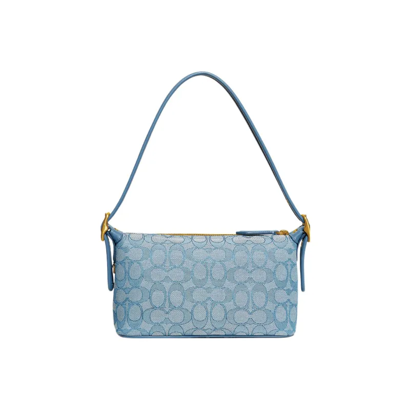 COACH Demi Jacquard Fabric With Recycled Leather Shoulder Bag Handbag Medium Size Women's Lake Blue Color-0