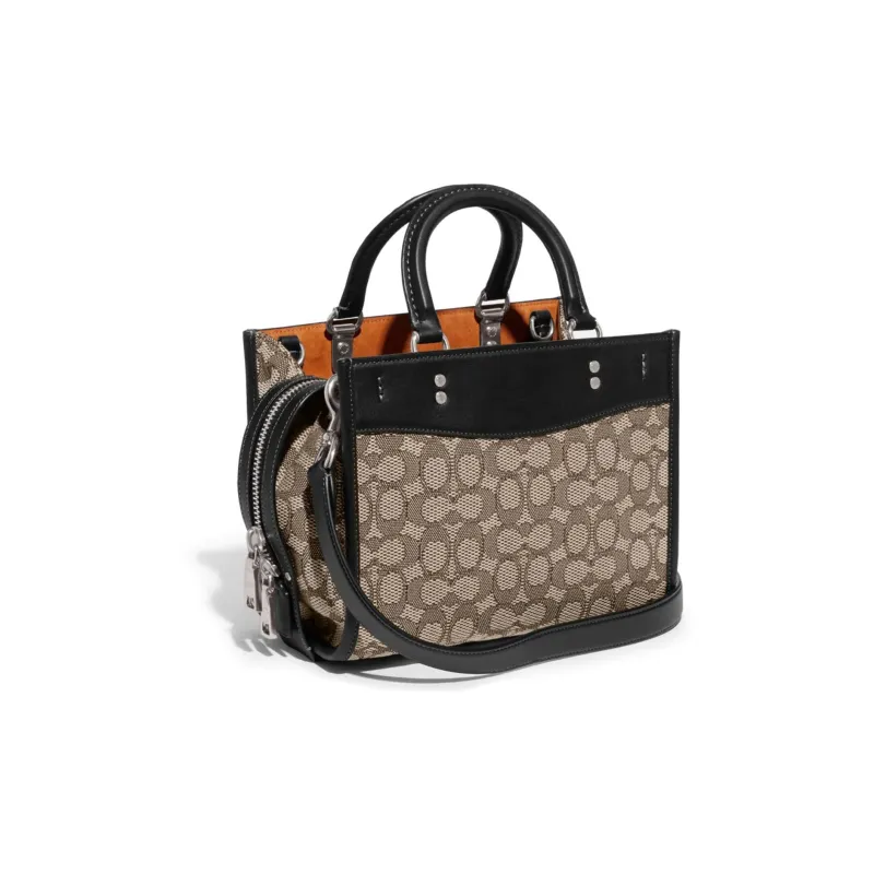 COACH Rogue Fabric With Glove Tanned Leather Shoulder Bag, Crossbody Bag, Handbag Medium Size Women's Gray & Black-1