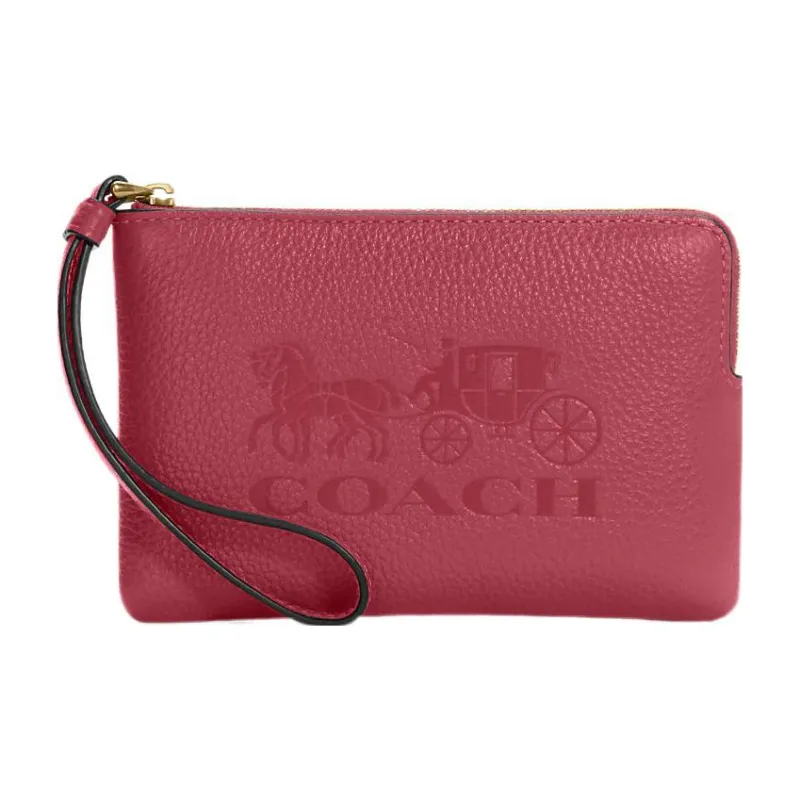 COACH Corner Zip Pebbled Leather Wrist Bags Clutches Small Size Women's Rosenberg Red-0