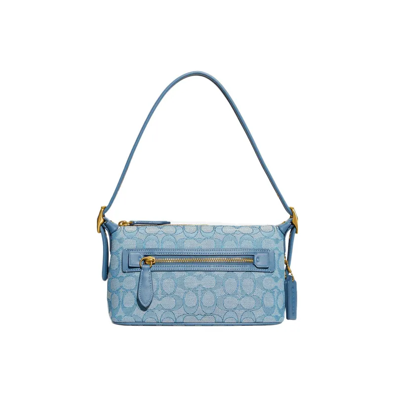 COACH Demi Jacquard Fabric With Recycled Leather Shoulder Bag Handbag Medium Size Women's Lake Blue Color-2