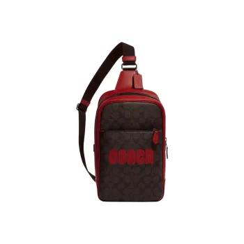COACH Westway Coated Canvas With Calfskin Sling Bag, Shoulder Bag, Crossbody Bag Small Size Men's Brown & Red