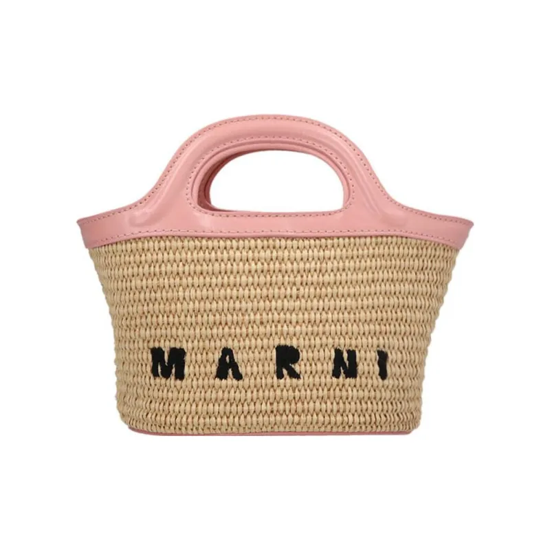MARNI Cotton With Leather And Raffia Shoulder Bag, Crossbody Bag, Handbag Women's Pink/Brown/Black-0