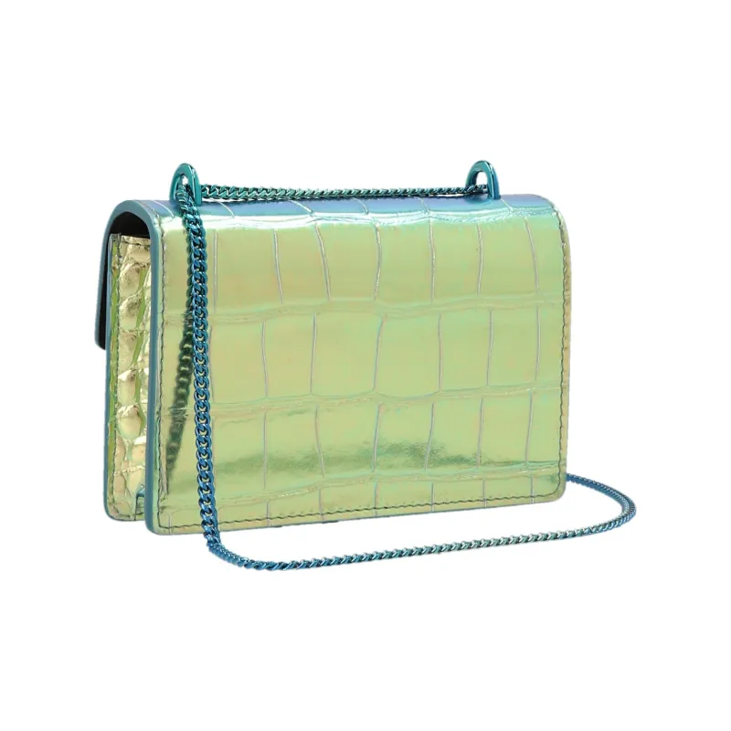 BALMAIN Crocodile Pattern Leather Card Holder Wallet Women's Gradient Light Blue/green-1