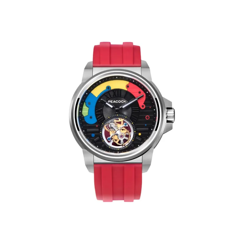 PEACOCK Trendy Coffee Collection Manual Mechanical Movement Silicone Strap Watch Men's Watches Black Dial P506 2 Red-2