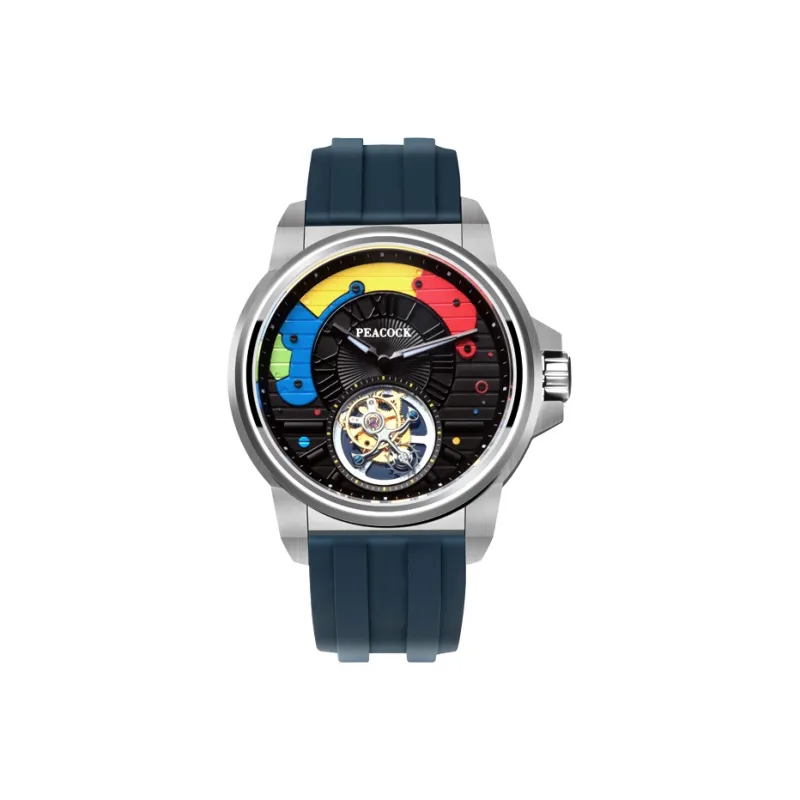 PEACOCK Trendy Coffee Collection Manual Mechanical Movement Silicone Strap Watch Men's Watches Black Dial P506 2 Red-3
