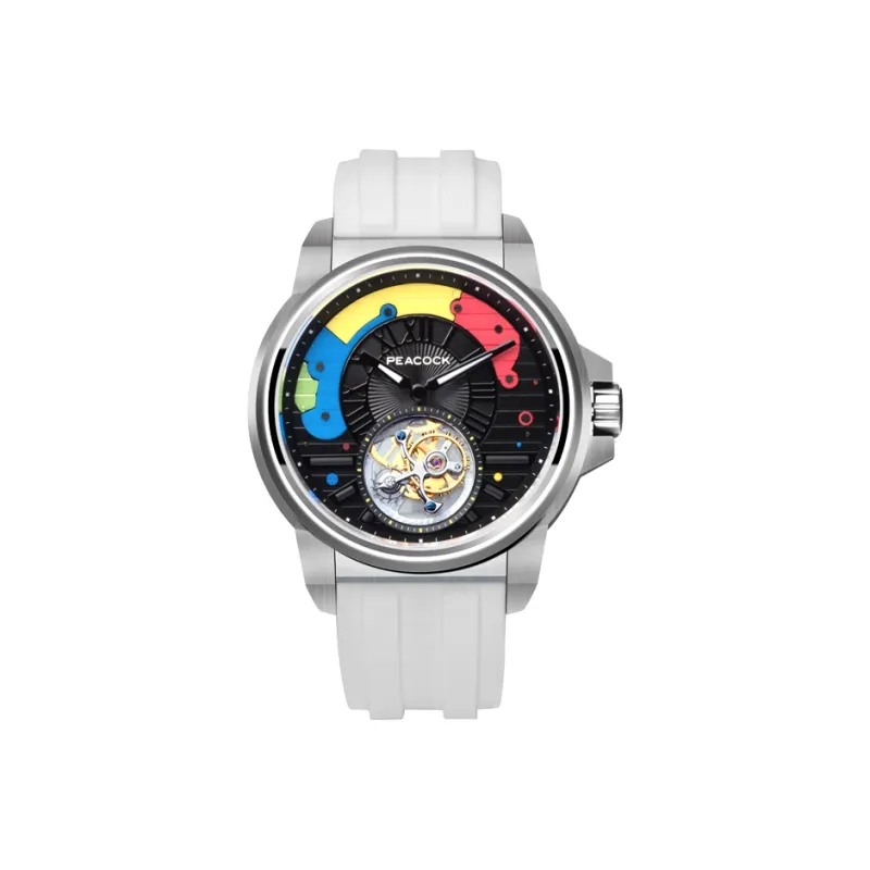 PEACOCK Trendy Coffee Collection Manual Mechanical Movement Silicone Strap Watch Men's Watches Black Dial P506 2 Red-0
