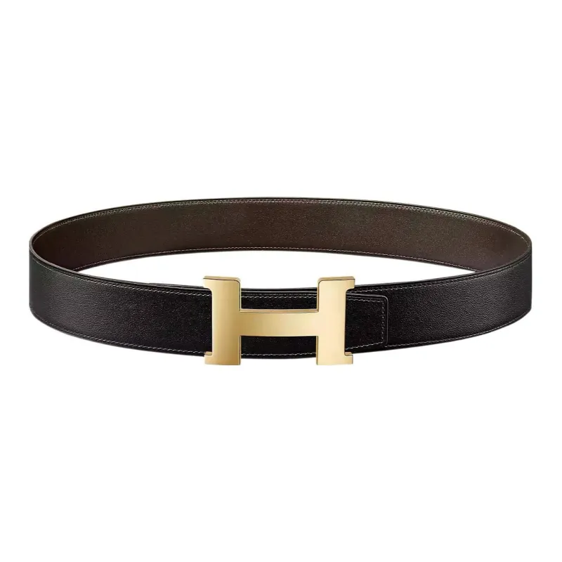 HERMES Constance Light Gold Buckle Box 135 Calfskin Double Sided Leather Belt Men's Black/Ebony Width  3.8cm-0