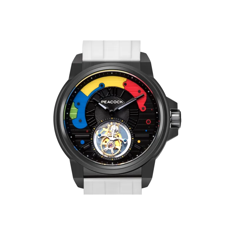 PEACOCK Trendy Coffee Collection Manual Mechanical Movement Silicone Strap Watch Men's Watches Black Dial P506 2 Red-4