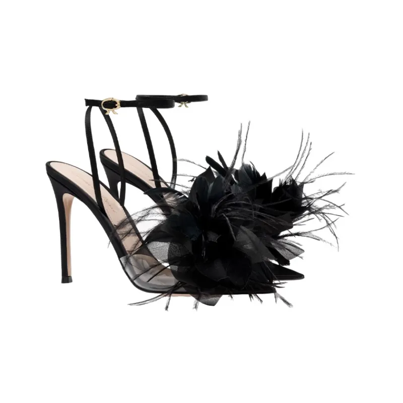 GIANVITO ROSSI Ynez 105mm Feather-embellished Sandals-2