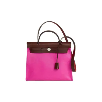 HERMES Herbag Zip Canvas With Leather Handbag Shoulder Bag Crossbody Bag Women's Vibrant Pink/Beige/Saddle Red