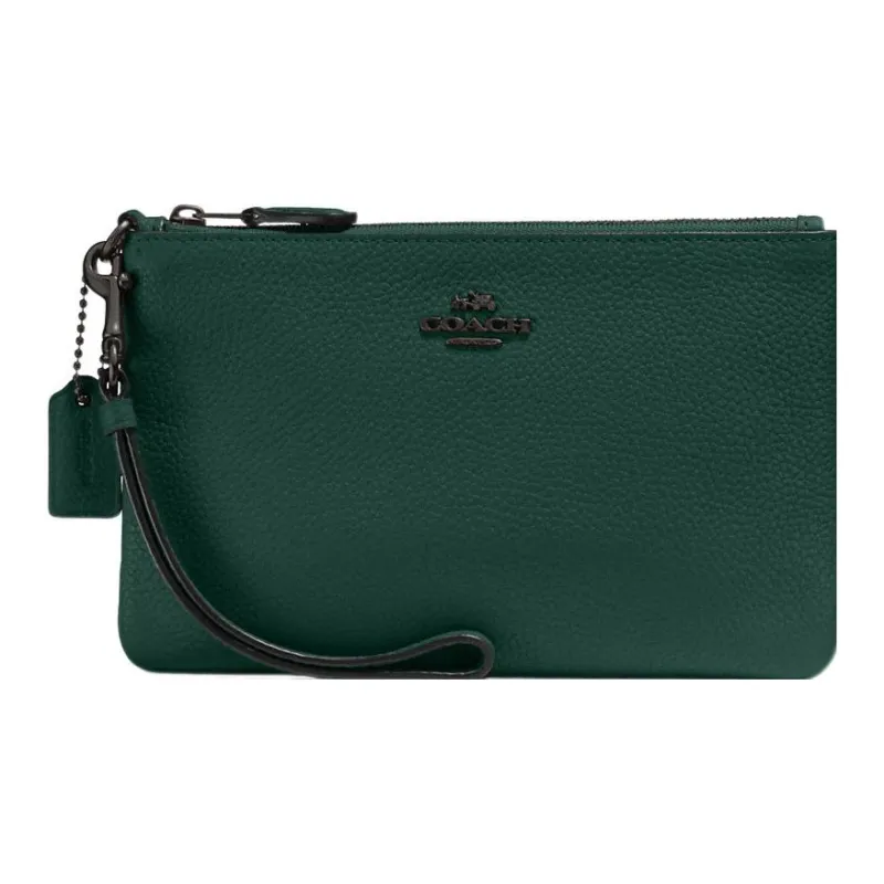 COACH Wristlet Pebbled Leather Wrist Bags Clutches Small Size Women's Forest Green-0