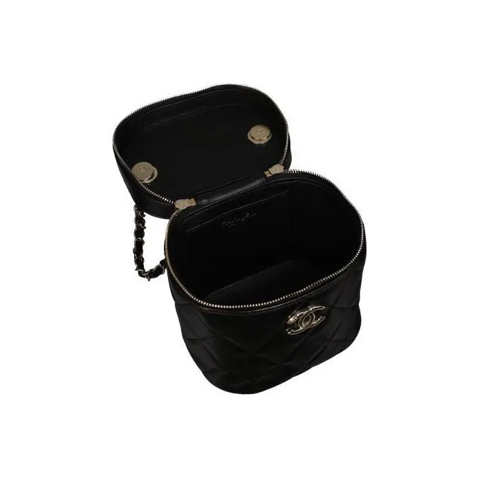 CHANEL Lambskin Cylinder Makeup Bag, Shoulder Bag, Crossbody Bag, Handbag Women's Black-5
