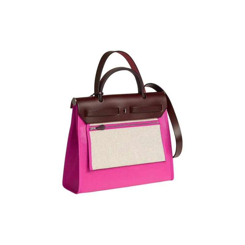 HERMES Herbag Zip Canvas With Leather Handbag Shoulder Bag Crossbody Bag Women's Vibrant Pink/Beige/Saddle Red-2