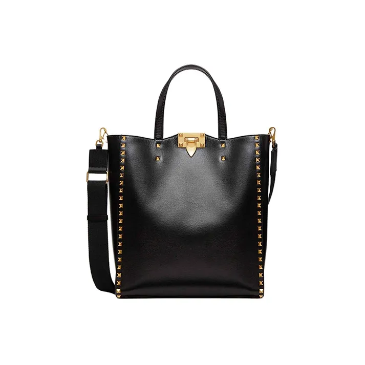 Valentino Rockstud Alcove Cow Leather Tote Bag, Shopping Bag, Crossbody Bag, Handbag Unisex Black-0