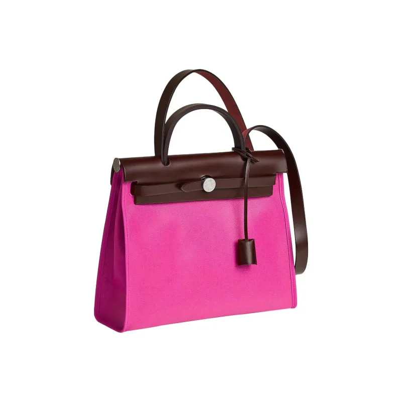HERMES Herbag Zip Canvas With Leather Handbag Shoulder Bag Crossbody Bag Women's Vibrant Pink/Beige/Saddle Red-1