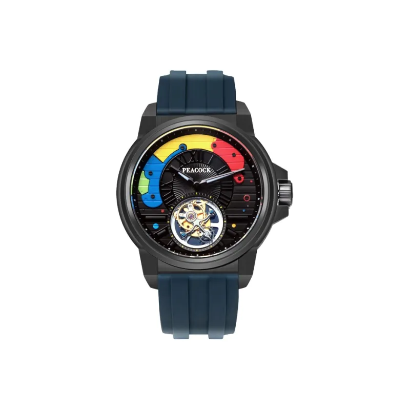 PEACOCK Trendy Coffee Collection Manual Mechanical Movement Silicone Strap Watch Men's Watches Black Dial P506 2 Red-7