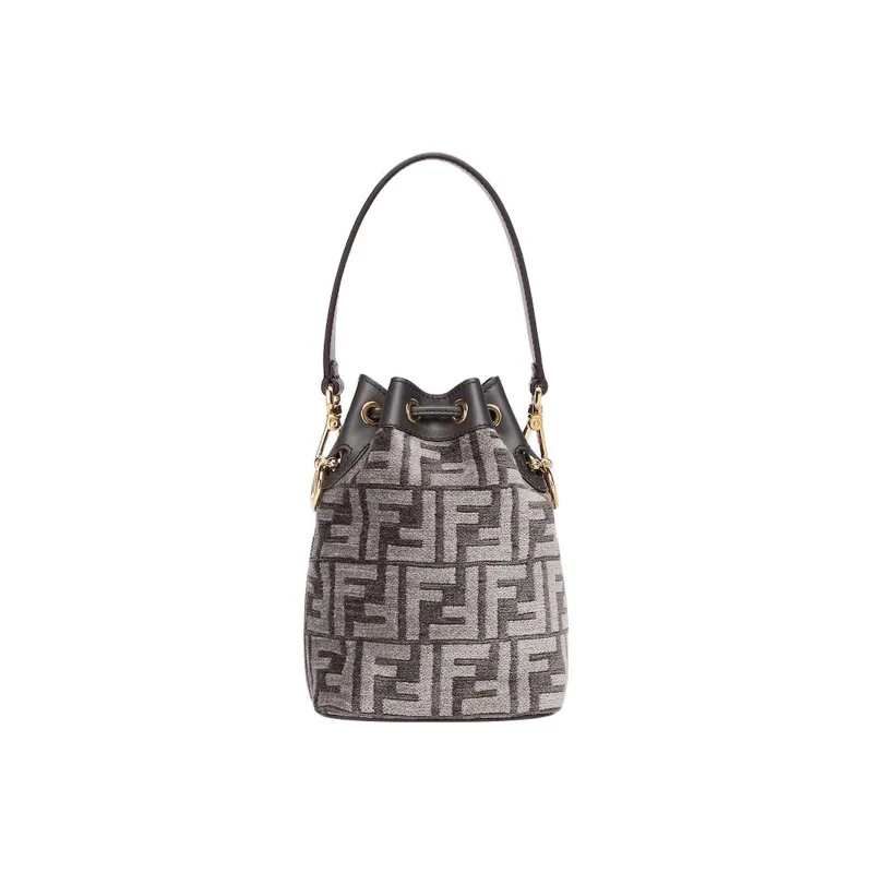 FENDI Mon Tresor Patchwork Cow Leather Bucket Bags Shoulder Bag Crossbody Bag Handbag Mini Women's Gray Black-2