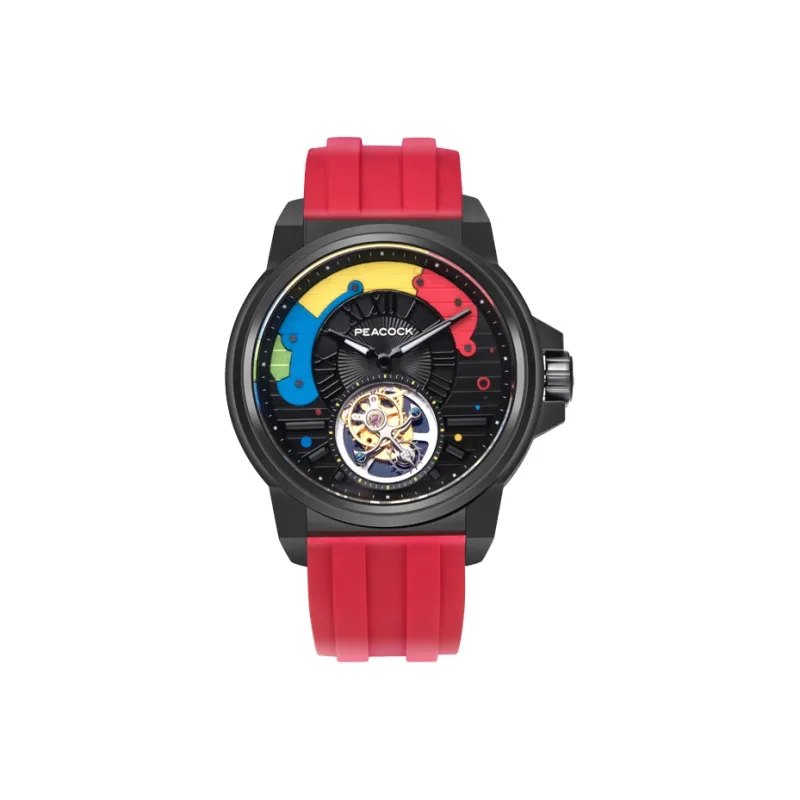 PEACOCK Trendy Coffee Collection Manual Mechanical Movement Silicone Strap Watch Men's Watches Black Dial P506 2 Red-6