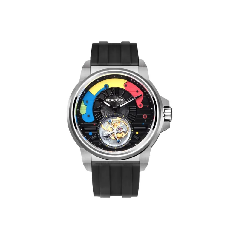PEACOCK Trendy Coffee Collection Manual Mechanical Movement Silicone Strap Watch Men's Watches Black Dial P506 2 Red-1