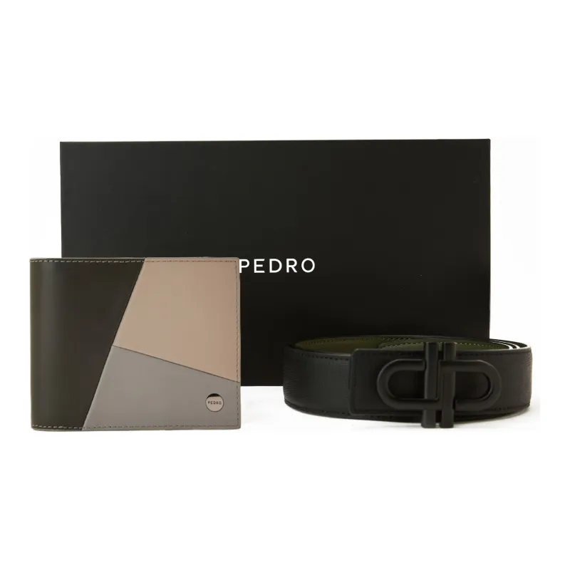 PEDRO Embossed Calfskin Leather Belt Wallet Trumpets Men's Black/Umber-3