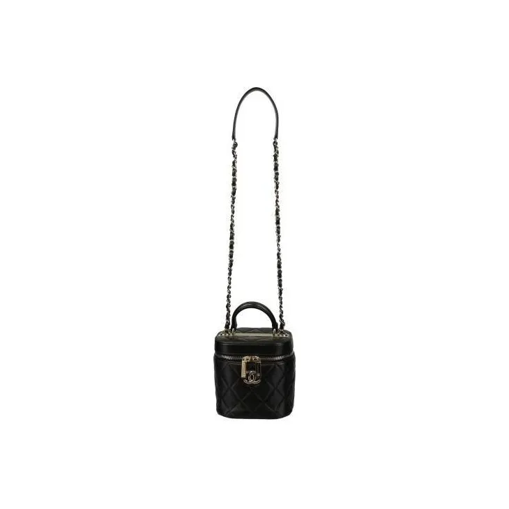 CHANEL Lambskin Cylinder Makeup Bag, Shoulder Bag, Crossbody Bag, Handbag Women's Black-6