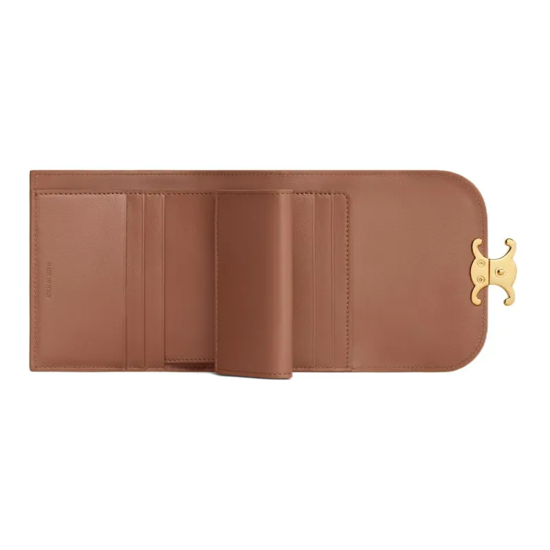 CELINE Triomphe Calfskin Wallet Small Size Women's Brown-3