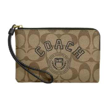 COACH Corner Zip Coated Canvas With Leather Wrist Bags Clutches Small Size Women's Khaki