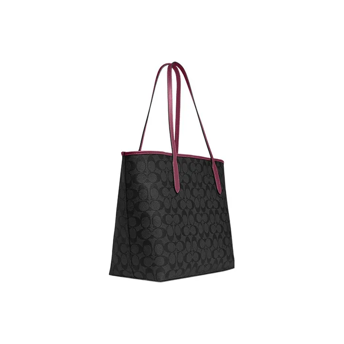 COACH City Coated Canvas With Leather Tote Bag, Shopping Bag, Shoulder Bag, Handbag Tubas Women's Black-1