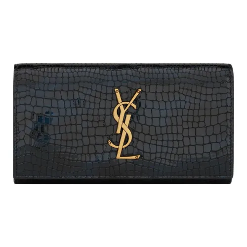 SAINT LAURENT CASSANDRE Shiny Calfskin Wallet Women's Blue Black