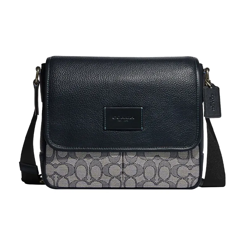 COACH Map Cow Leather Patchwork With Fabric Shoulder Bag Crossbody Bag Medium Size Men's Midnight Blue & Gray-0