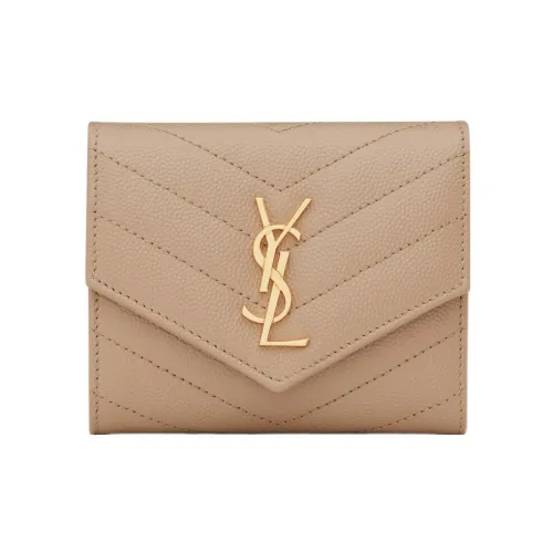 SAINT LAURENT CASSANDRE Calfskin Card Holder Wallet Women's Dark Beige