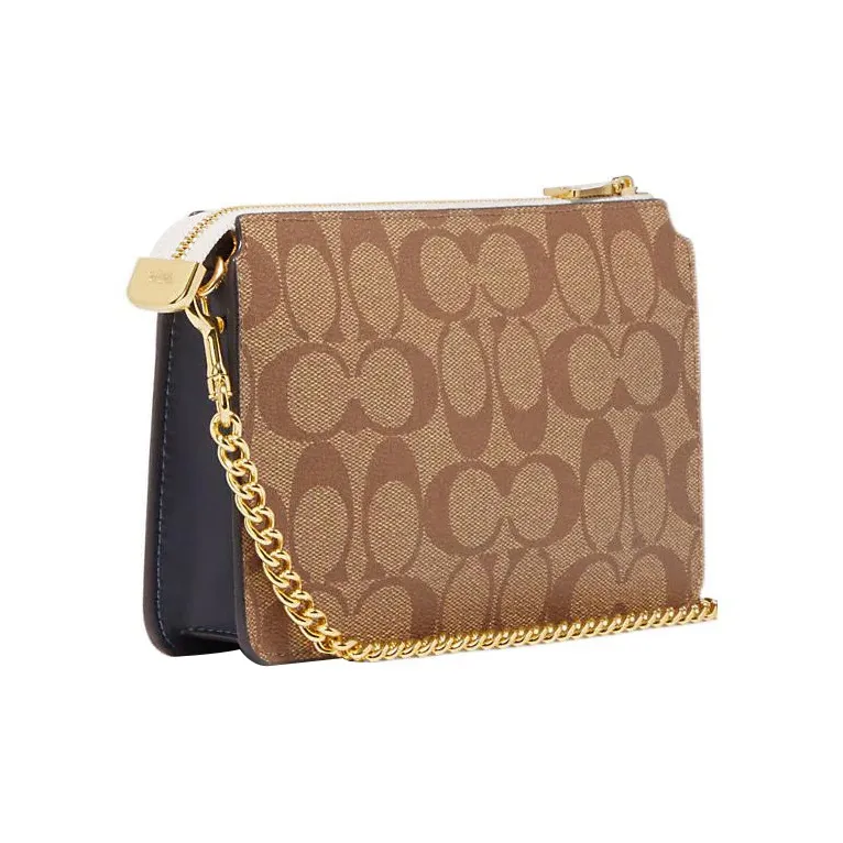 COACH Cowhide Patchwork Canvas Combo Bag, Shoulder Bag, Crossbody Bag Small Size Women's Khaki & Chalk White-1