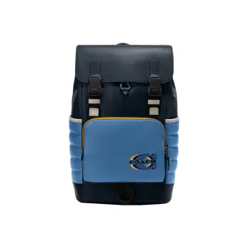 COACH Track Cow Leather Patchwork With Fabric Backpack Large Size Men's Midnight Blue Sky Blue