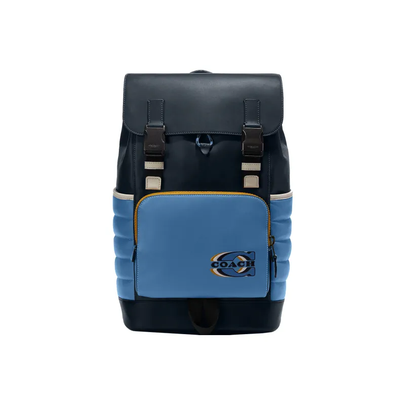 COACH Track Cow Leather Patchwork With Fabric Backpack Large Size Men's Midnight Blue Sky Blue-0