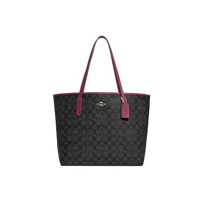 COACH City Coated Canvas With Leather Tote Bag, Shopping Bag, Shoulder Bag, Handbag Tubas Women's Black-0
