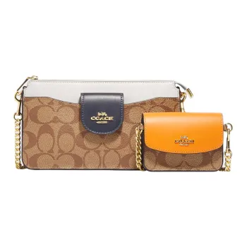 COACH Cowhide Patchwork Canvas Combo Bag, Shoulder Bag, Crossbody Bag Small Size Women's Khaki & Chalk White