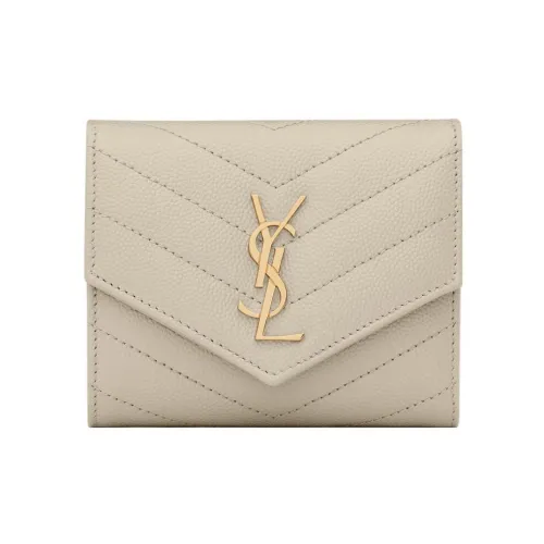 SAINT LAURENT CASSANDRE Calfskin Card Holder Wallet Women's Vintage White