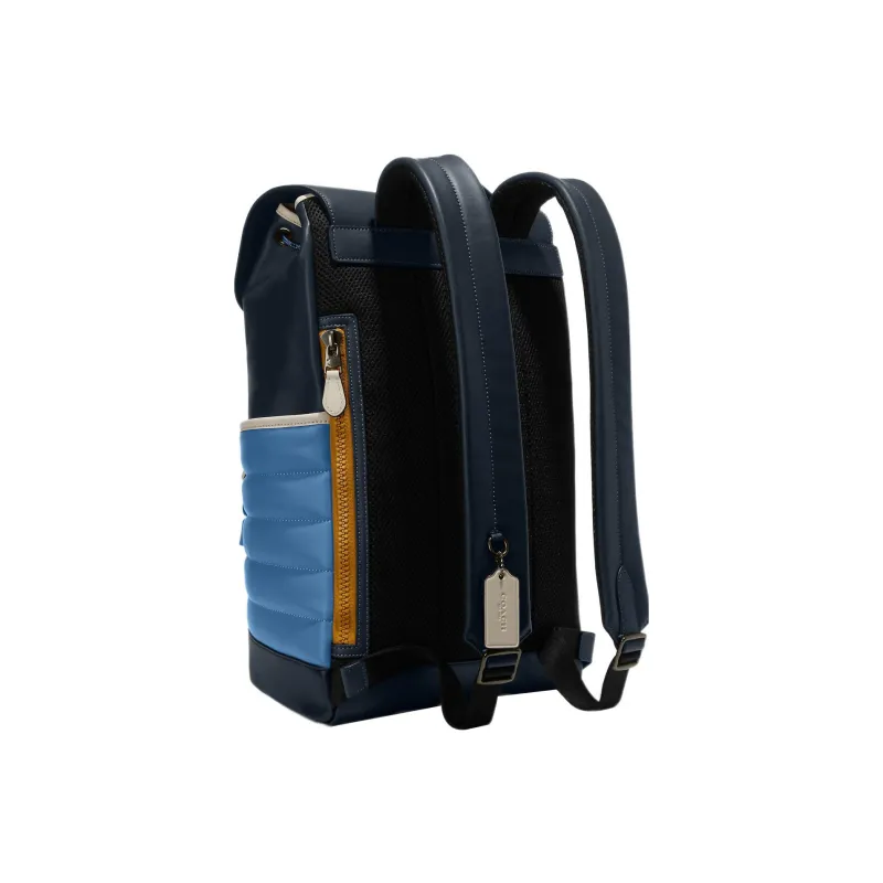 COACH Track Cow Leather Patchwork With Fabric Backpack Large Size Men's Midnight Blue Sky Blue-1