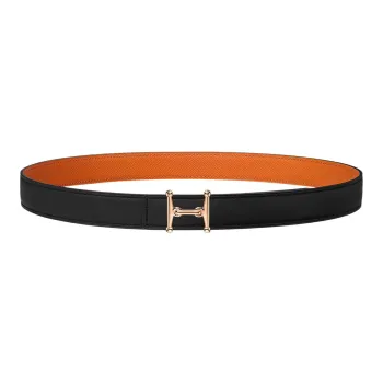 HERMES Mors H Rose Gold Buckle Epsom Calfskin Double-Sided Leather Waist Belt Women's Black Width: 2.4cm