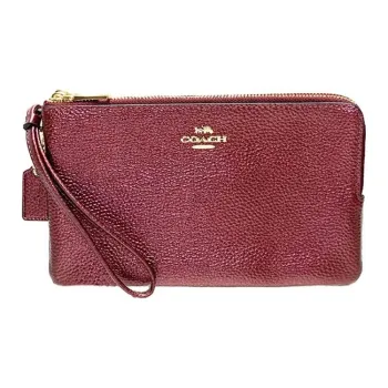 COACH Double Zip Wallet Pebbled Leather Mahjong Box Clutch Wrist Bag Small Size Women's Burgundy