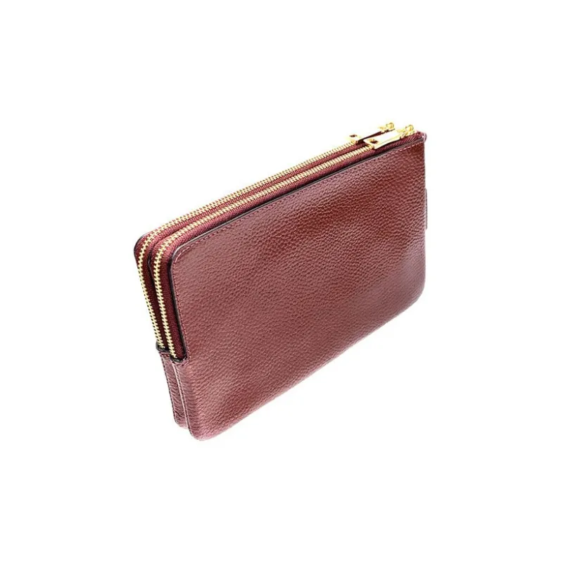 COACH Double Zip Wallet Pebbled Leather Mahjong Box Clutch Wrist Bag Small Size Women's Burgundy-3