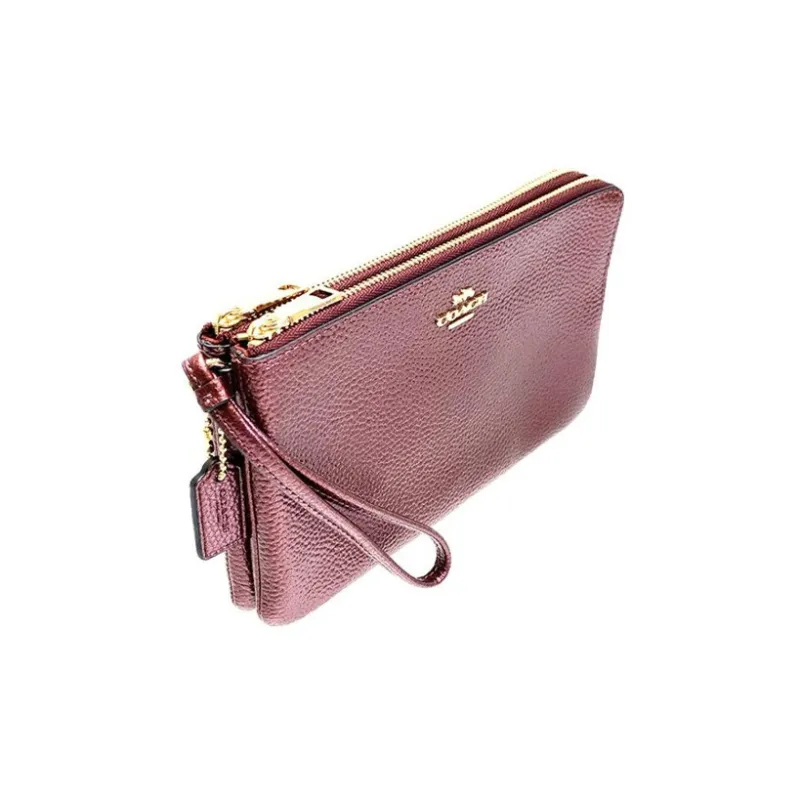 COACH Double Zip Wallet Pebbled Leather Mahjong Box Clutch Wrist Bag Small Size Women's Burgundy-2