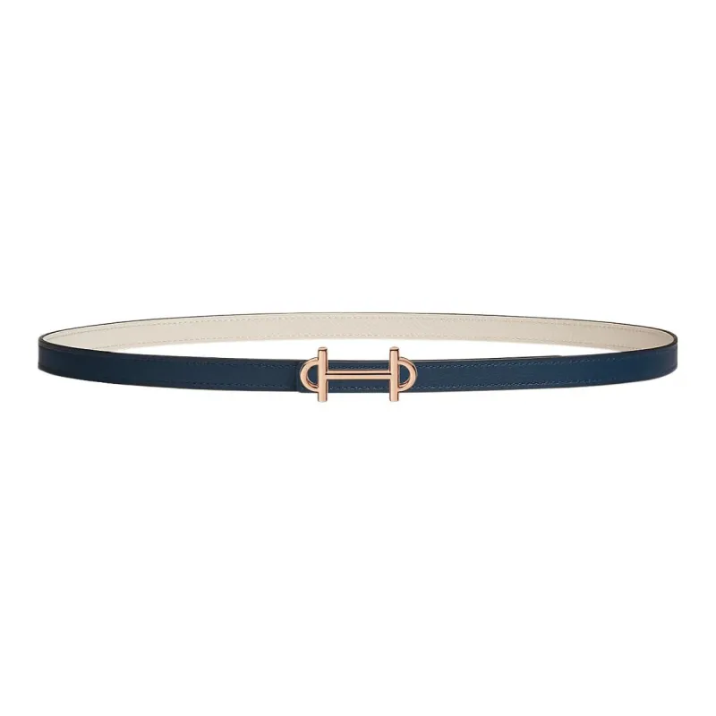 HERMES Double-Sided Gold Buckle Epsom Calfskin Double-Sided Leather Belt Women's Blue/White Width: 1.3cm-0