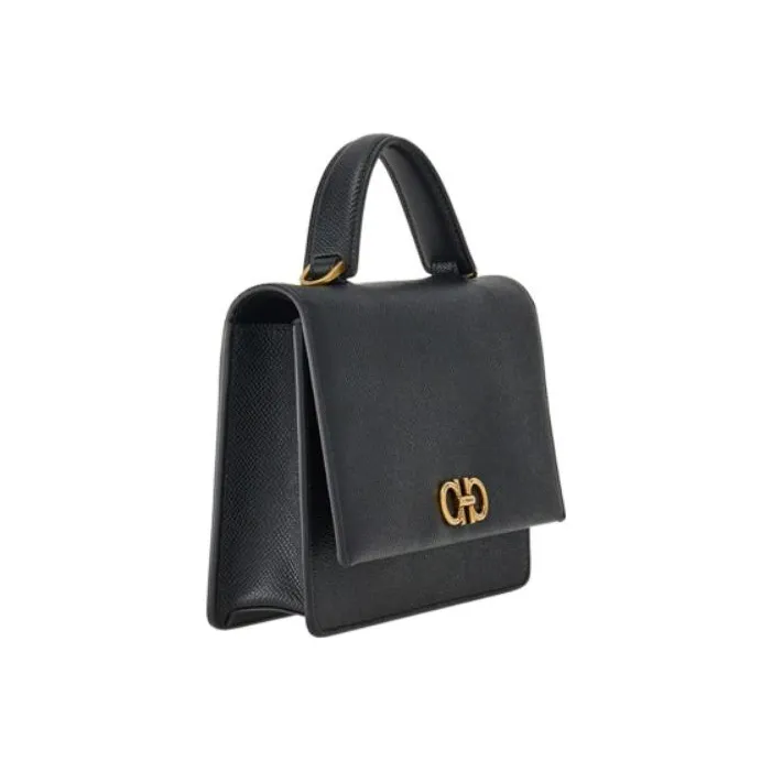 FERRAGAMO GANCINI Leather Small Square Bag Handbag Shoulder Bag Crossbody Bag Women's Black-1