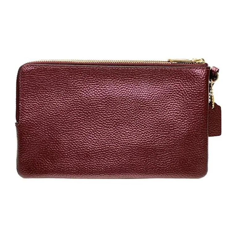 COACH Double Zip Wallet Pebbled Leather Mahjong Box Clutch Wrist Bag Small Size Women's Burgundy-1