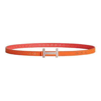 HERMES Floral Pattern Light Purple Buckle Epsom Calfskin Double Sided Leather Belt Women's Orange Width 1.3cm