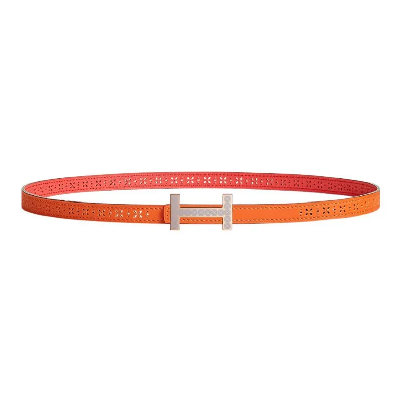 HERMES Floral Pattern Light Purple Buckle Epsom Calfskin Double Sided Leather Belt Women's Orange Width 1.3cm-0